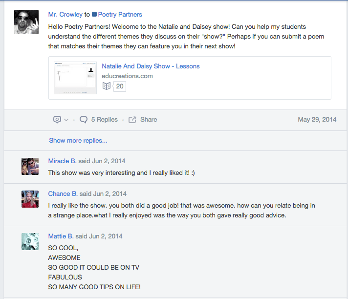Mr. Crowley's class posted a video of their own, and we all provided feedback.
