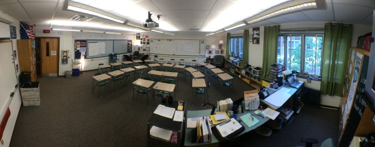 U-shaped desks for easy conversion to Socratic Seminar discussion.